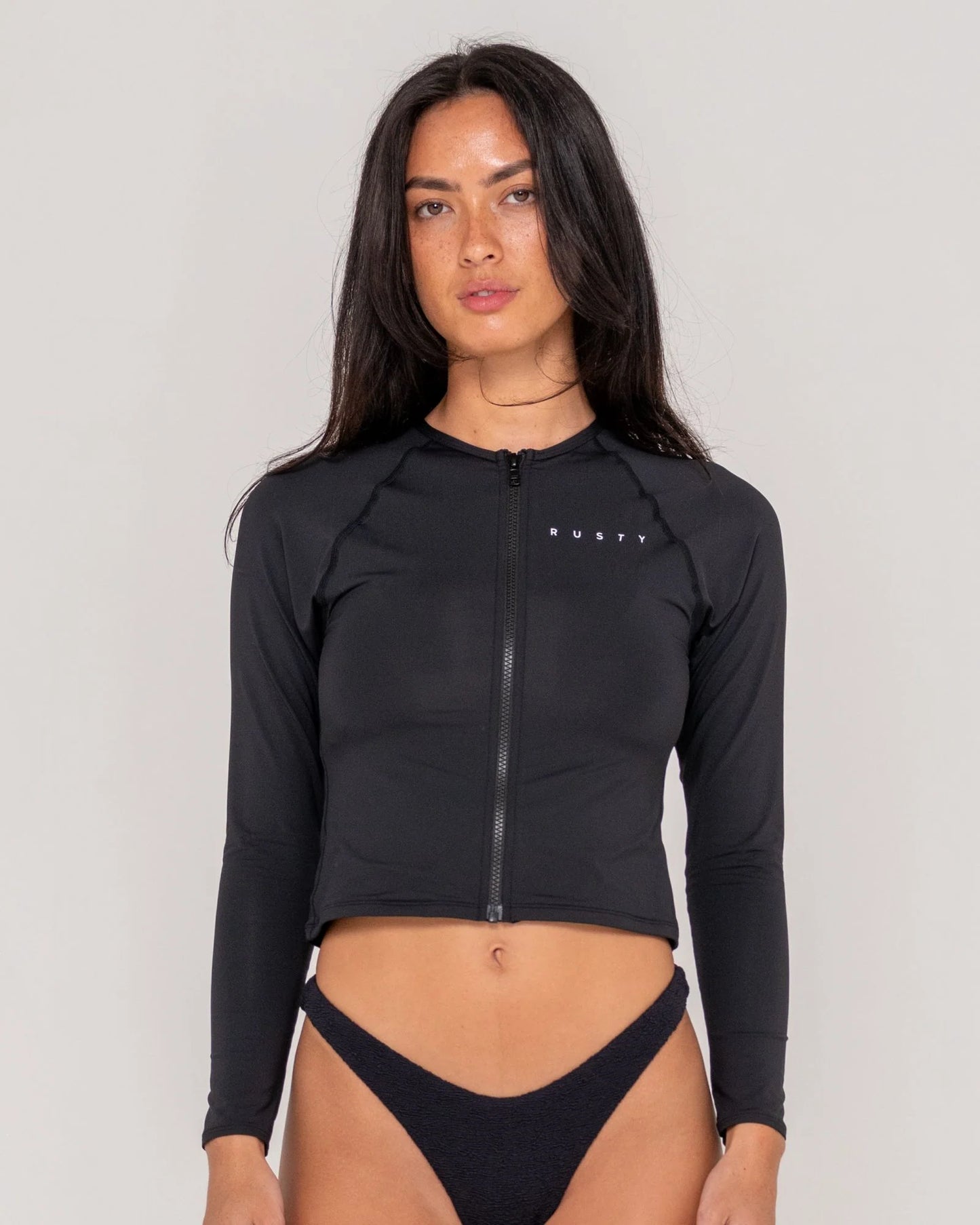 Rusty Black Essentials Zip Through LS Rash Vest SWL1752