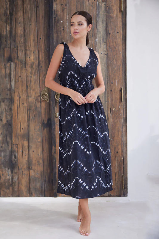 Buddha Wear Black Batik Stefia Midi Dress