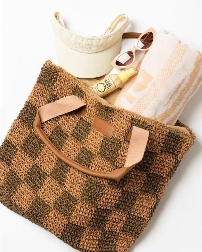 Rusty Chocolate Checkmate Straw Beach Bag BFL1162