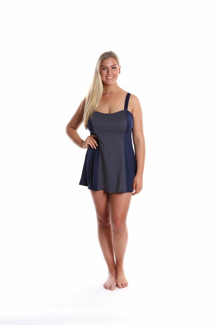 Capriosca Navy and White Dots Wide Strap Swim Dress CRESD79910