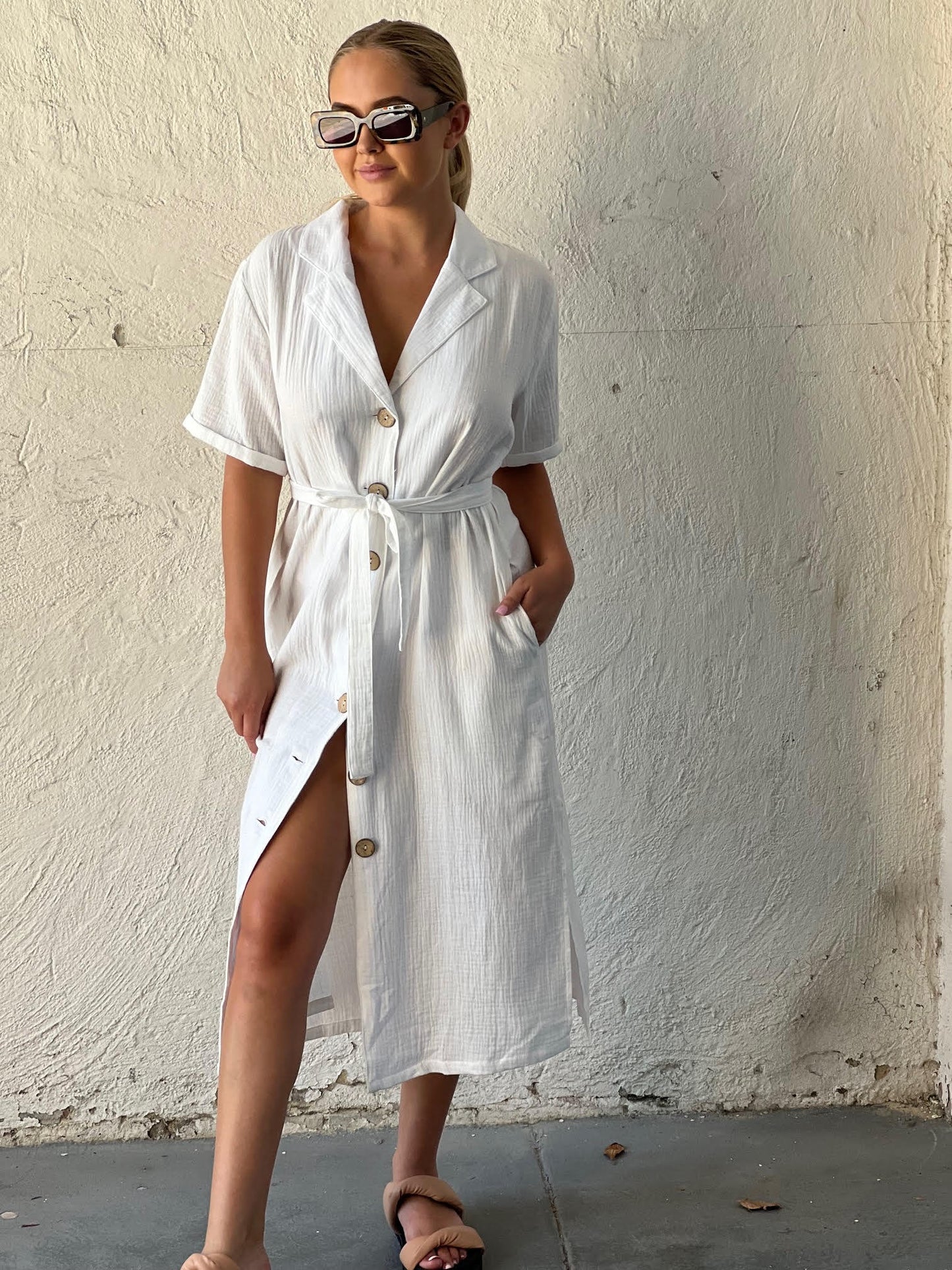 White Closet Poolside White Cotton Shirt Dress TF7418-1