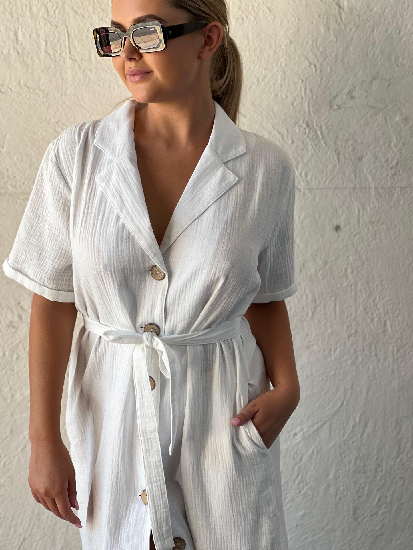 White Closet Poolside White Cotton Shirt Dress TF7418-1