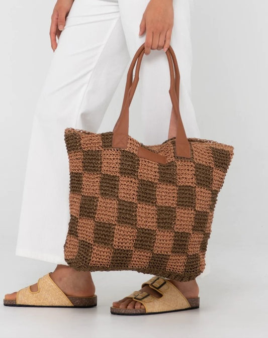 Rusty Chocolate Checkmate Straw Beach Bag BFL1162